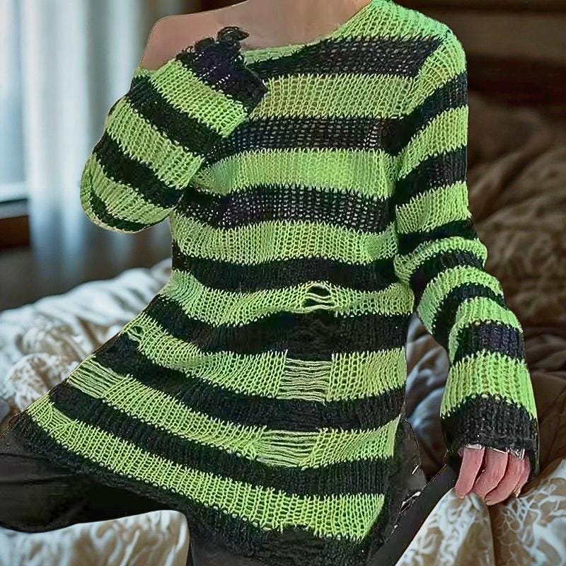 Punk Striped Knit Sweater | Y2K Hollow Out Grunge Pullover Emo Cyber Goth Top Gothic