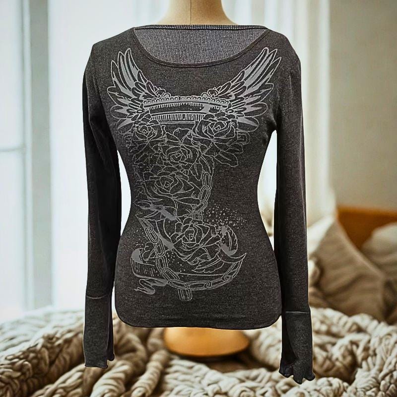 Y2K Graphic T-Shirt | Vintage Floral Wings Top | Long Sleeve Fairy Grunge Tee | Harajuku Graphic