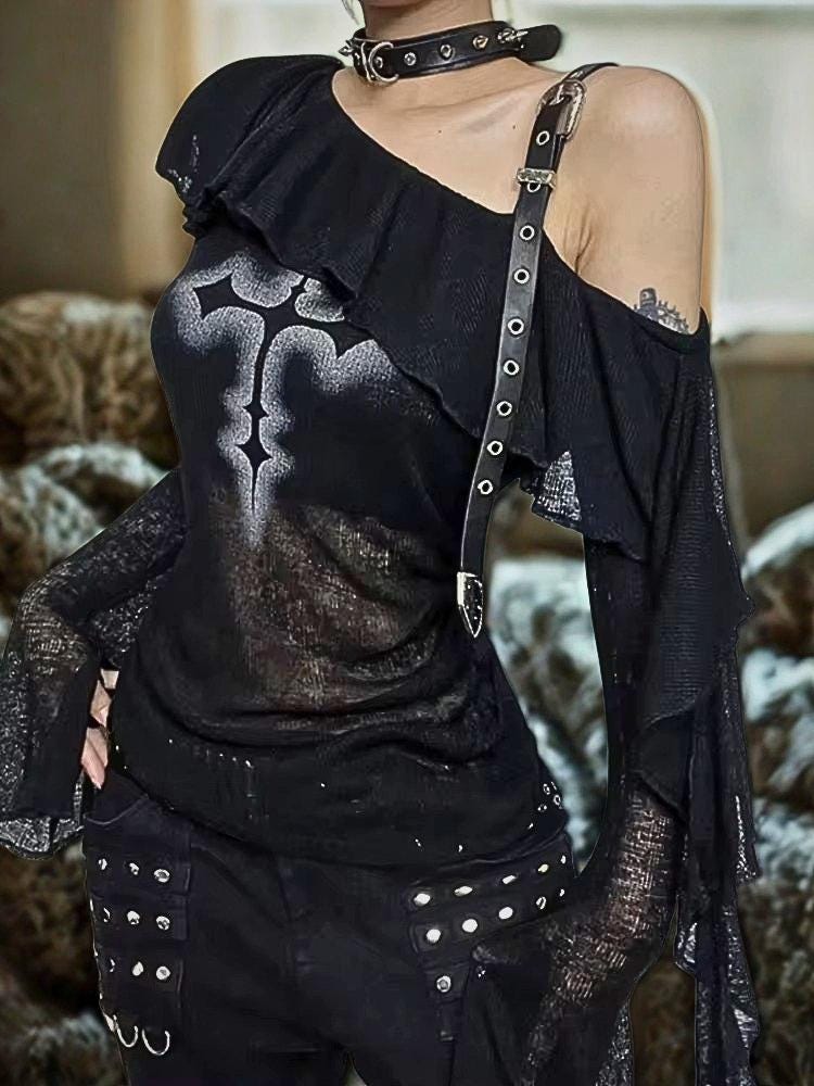 Gothic Graphic Tee Women | Y2K Punk Grunge Off-Shoulder | See-Through Flared