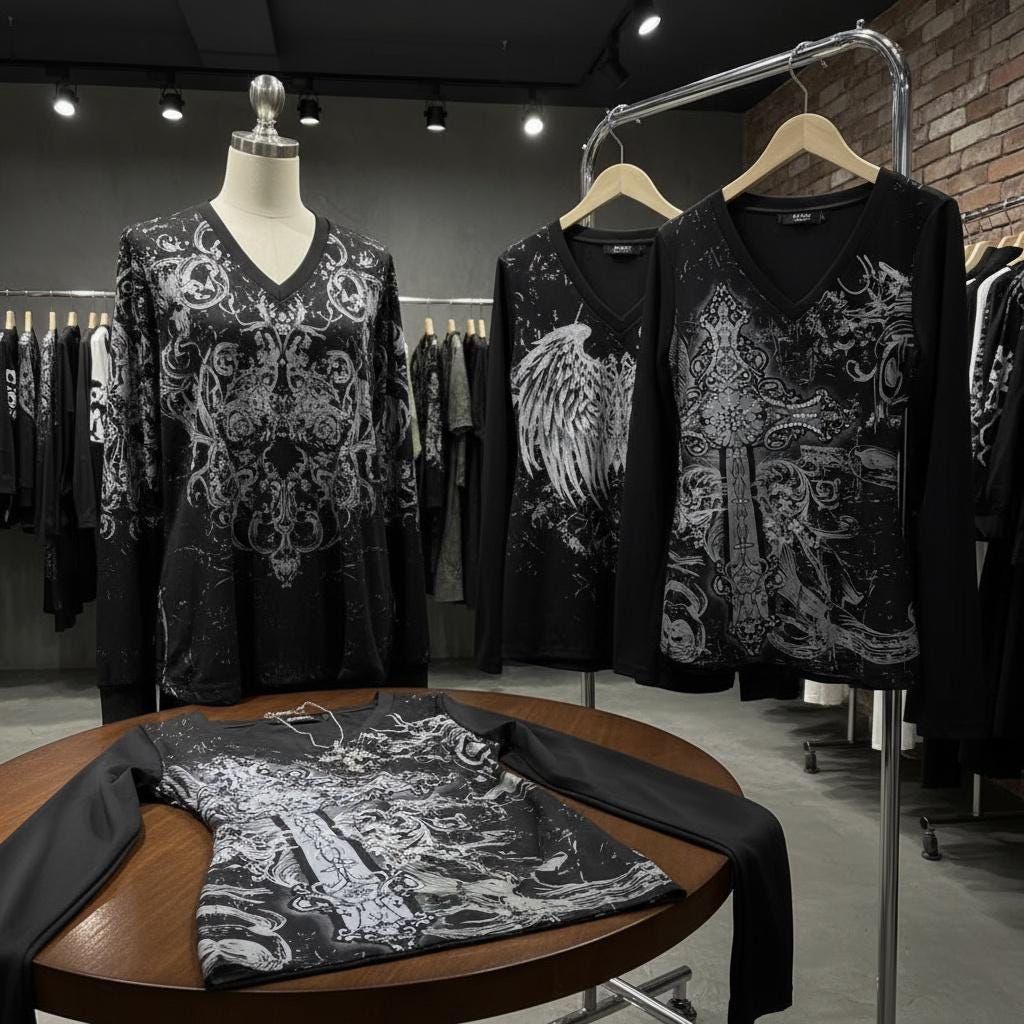 Y2K Gothic Long Sleeve Top: Silver Graphic Print, Vintage Grunge goth emo edgy alt