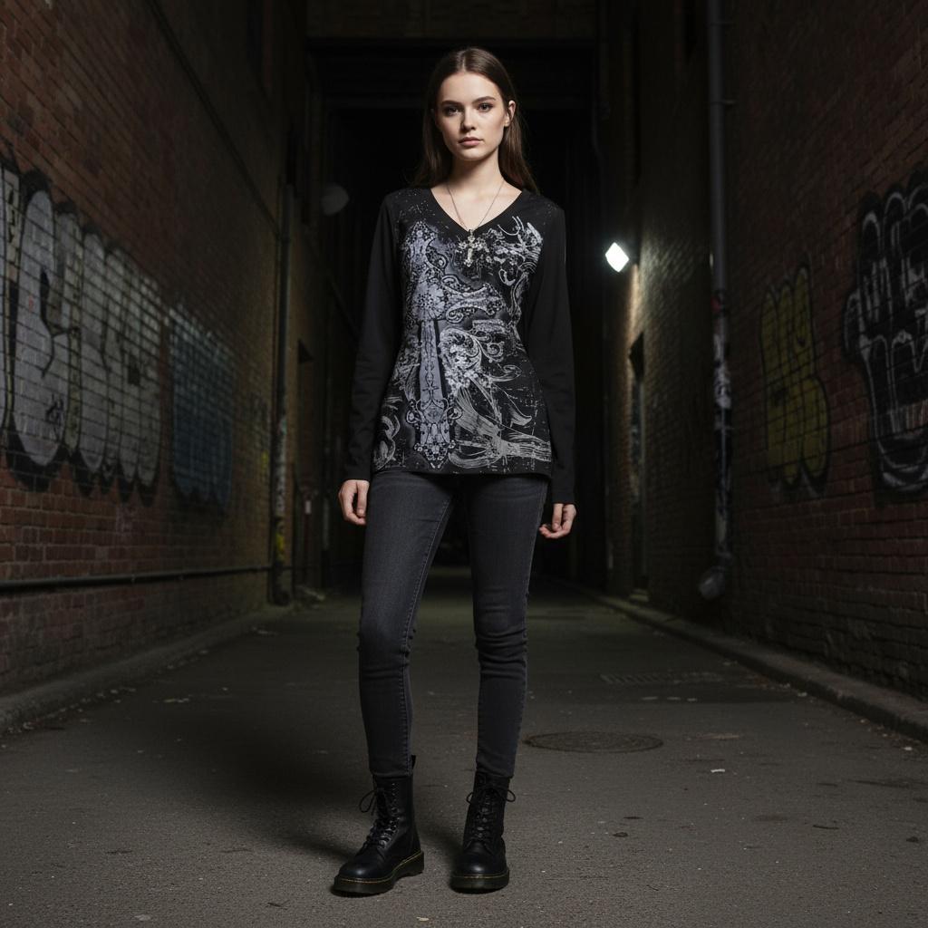 Y2K Gothic Long Sleeve Top: Silver Graphic Print, Vintage Grunge goth emo edgy alt