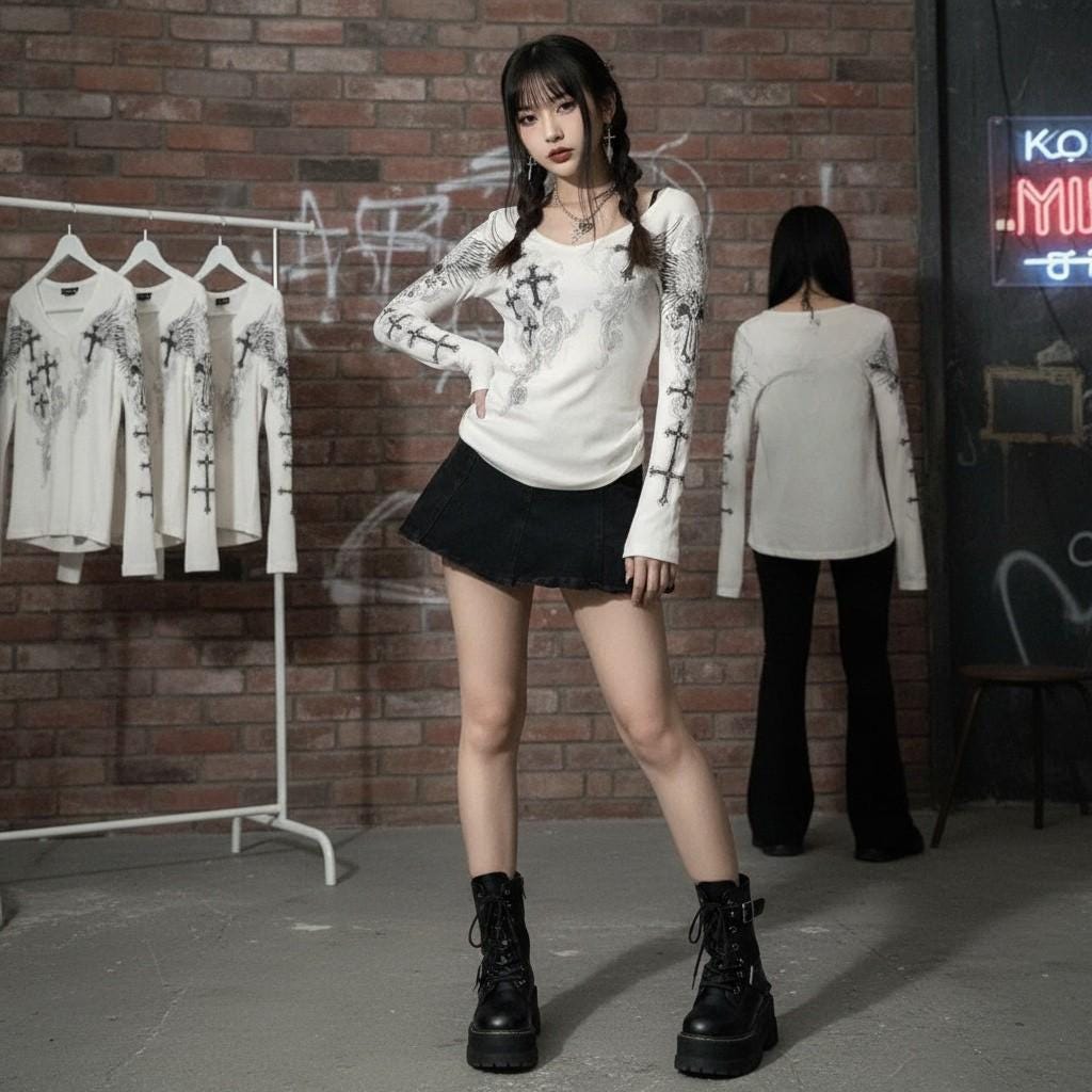 Y2K Gothic Cross Print Bell Sleeve Top: Alt Streetwear Blouse goth emo edgy alt