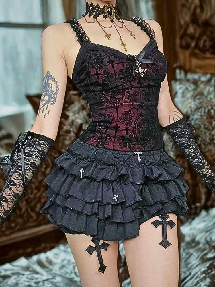 Y2K Gothic Lace Camisole, Flocking Corset Crop Top | E-girl Streetwear | Sexy Bow Patchwork Tank