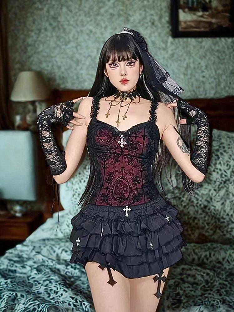 Y2K Gothic Lace Camisole, Flocking Corset Crop Top | E-girl Streetwear | Sexy Bow Patchwork Tank