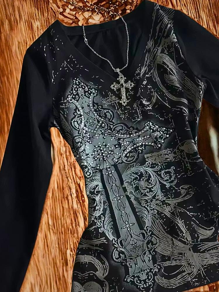 Vintage Gothic T-Shirt, Y2K Punk V-Neck, Harajuku Cotton Tee Goth Emo Alt