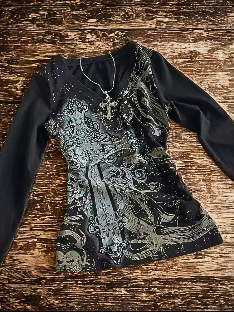 Vintage Gothic T-Shirt, Y2K Punk V-Neck, Harajuku Cotton Tee Goth Emo Alt