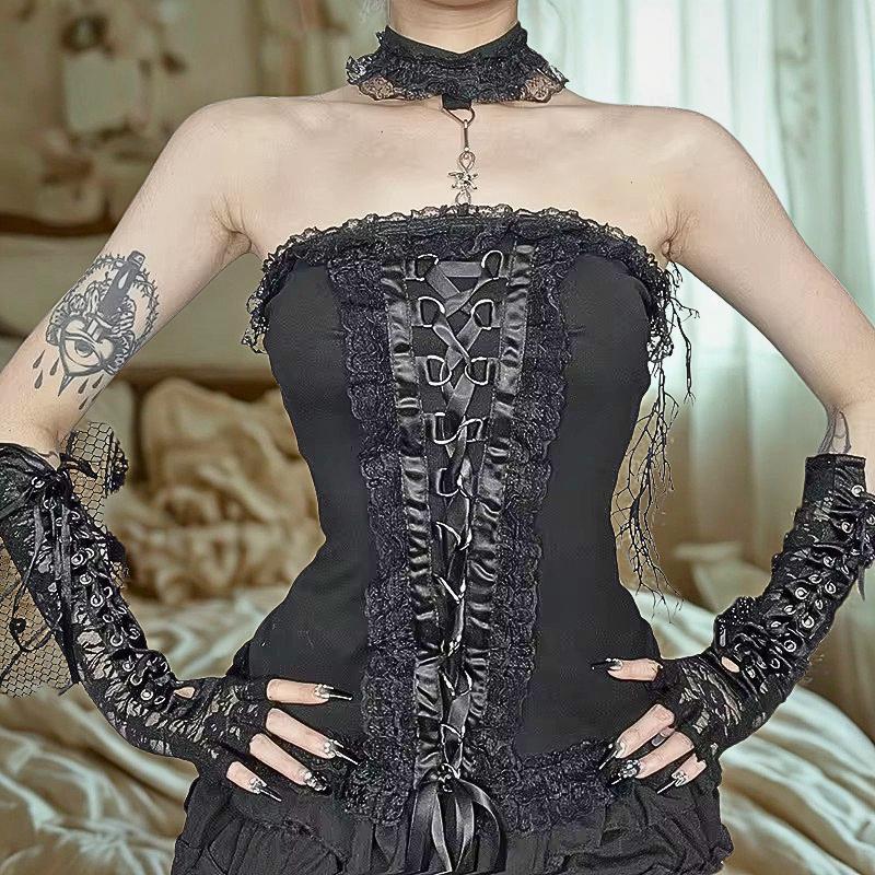 Gothic Lace Patchwork Corset Top, Y2K Strapless Vest Gothic Emo Alt Edgy