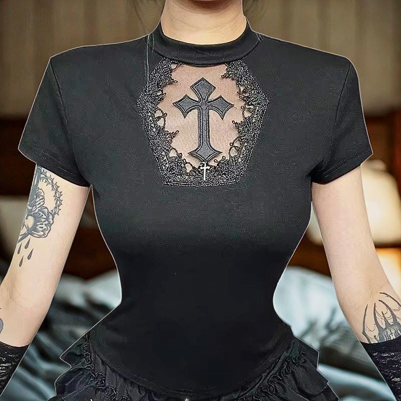 Gothic Mesh Patchwork Crop Top | Cyber Punk See Through Tee | Women Aesthetic Cross O-Neck Short Sleeve Y2K Streetwear