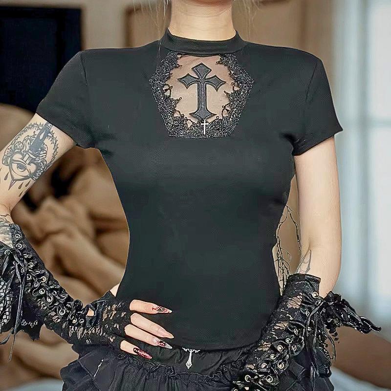 Gothic Mesh Patchwork Crop Top | Cyber Punk See Through Tee | Women Aesthetic Cross O-Neck Short Sleeve Y2K Streetwear